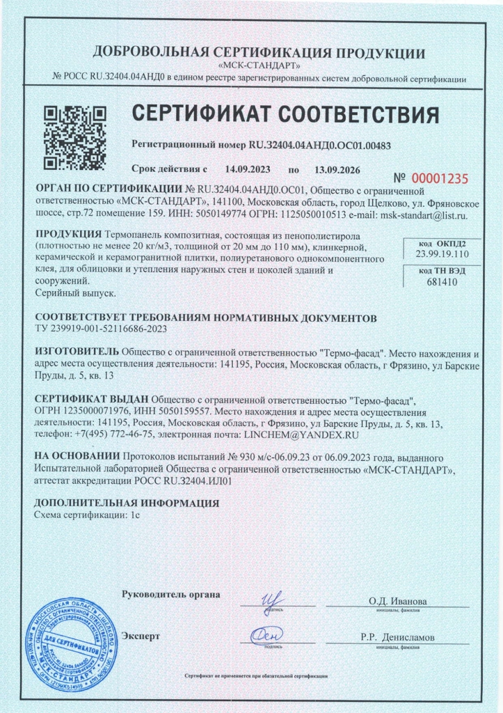 Сертификат термопанели